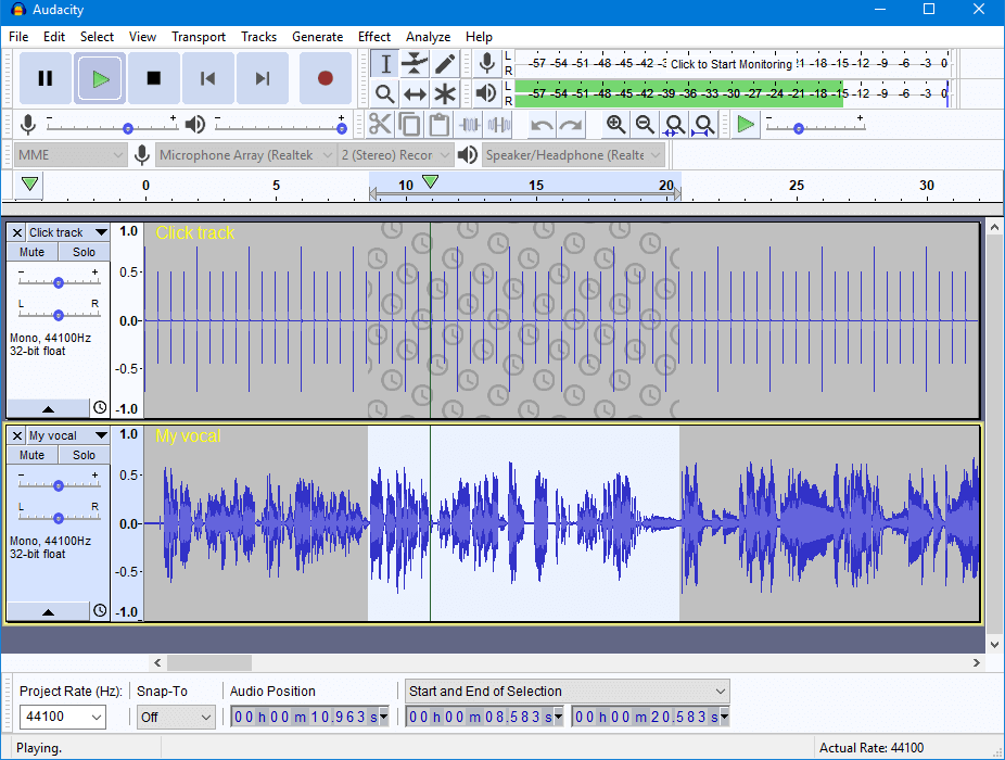 Audacity 2.2.0 mặc định theme màu sáng chạy trên Windows 10