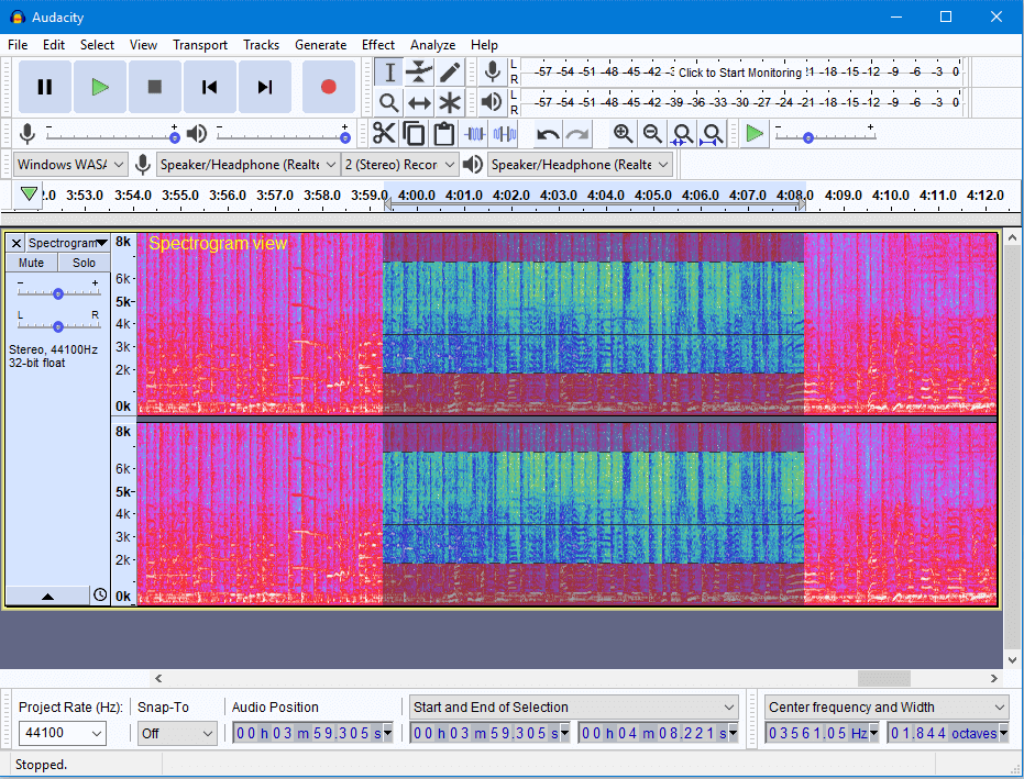 Audacity 2.2.0 trong chế độ xem biểu đồ phổ trên Windows 10 (có lựa chọn phổ)