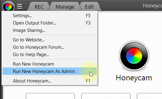 Honey Cam 3 cho phép chạy chương trình với quyền quản trị viên