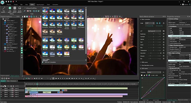 Sử dụng VSDC Free Video Editor để thoải mái lựa chọn hiệu ứng, điều chỉnh màu sắc video, thêm nhạc...