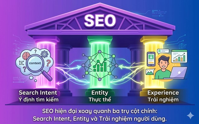 SEO Là Gì? SEO trong kỷ nguyên AI Search 2 SEO hiện đại xoay quanh ba trụ cột chính: Search Intent, Entity và Trải nghiệm người dùng.