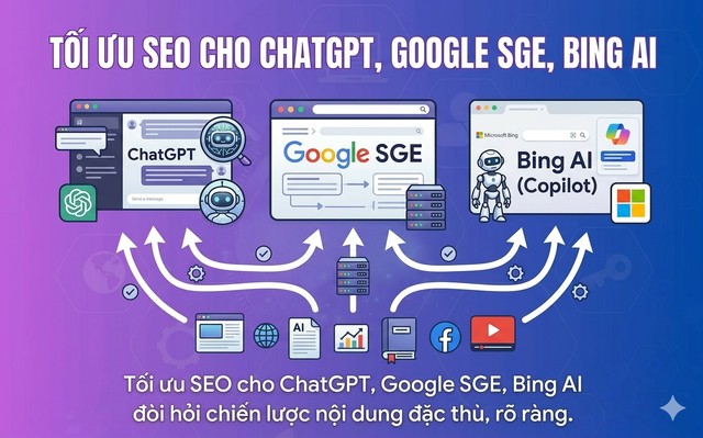 SEO Là Gì? SEO trong kỷ nguyên AI Search 12 Tối ưu SEO cho ChatGPT, Google SGE, Bing AI đòi hỏi chiến lược nội dung đặc thù, rõ ràng.