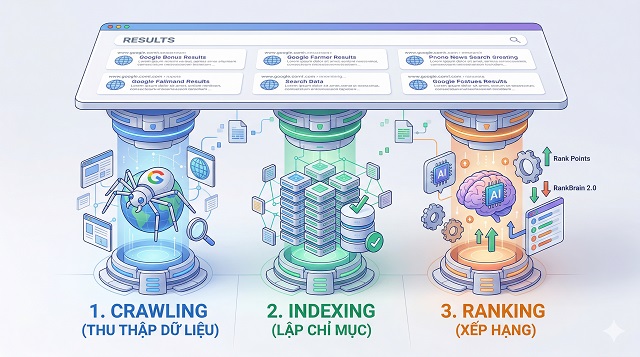 21 yếu tố xếp hạng SEO quan trọng của Google 2026 2 Hình minh họa: Crawling, Indexing, Ranking