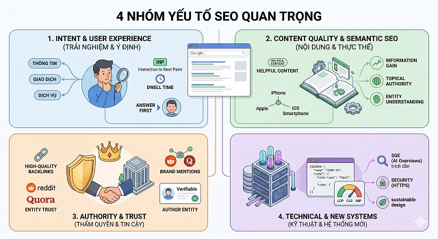 21 yếu tố xếp hạng SEO quan trọng của Google 2026 3 4 nhóm yếu tố SEO quan trọng nhất