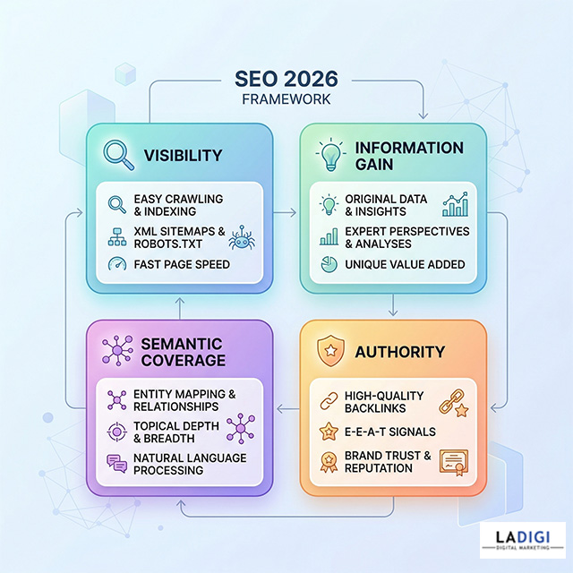 SEO 2026 Khác Gì SEO Truyền Thống? Toàn Cảnh Sự Thay Đổi & Cách Tối Ưu Để Không Bị “Đào Thải” 8 hình ảnh minh họa Visibility, Information Gain, Semantic, Authority
