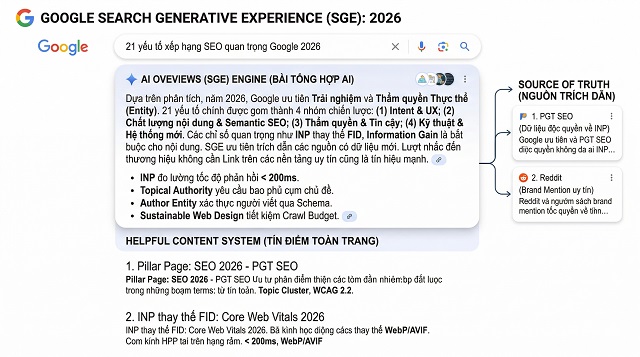 21 yếu tố xếp hạng SEO quan trọng của Google 2026 9 Giao diện search với AI trả lời trực tiếp (AI overview), snippet tổng hợp từ nhiều nguồn, không cần click.