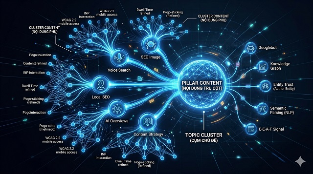 21 yếu tố xếp hạng SEO quan trọng của Google 2026 5 Knowledge graph với các node nội dung liên kết thành cụm chủ đề (topic cluster), trung tâm là pillar content, xung quanh là các bài cluster.