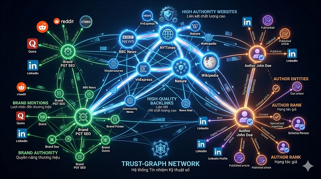 21 yếu tố xếp hạng SEO quan trọng của Google 2026 6 Mạng lưới trust graph giữa các website uy tín, backlink chất lượng, brand mentions, author profile, tất cả liên kết với nhau.