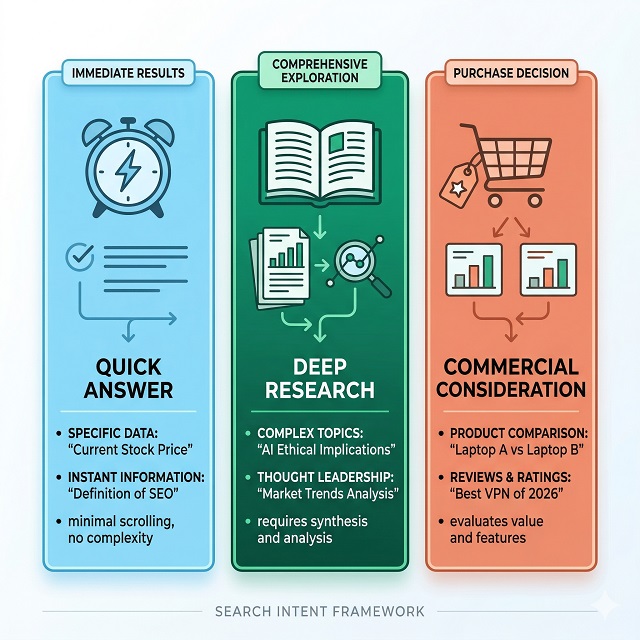 Cách SEO Website Trong Kỷ Nguyên AI Search 2026 6 Phân loại ý định tìm kiếm (Intent Mapping): Quick Answer, Deep Research, Commercial