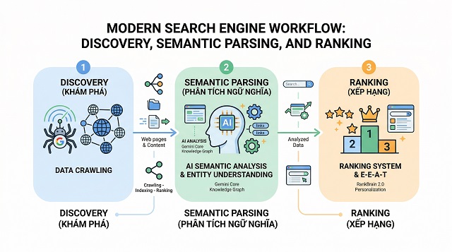 21 yếu tố xếp hạng SEO quan trọng của Google 2026 1 Quy trình hoạt động của Google Search: Discovery → Semantic Parsing → Ranking