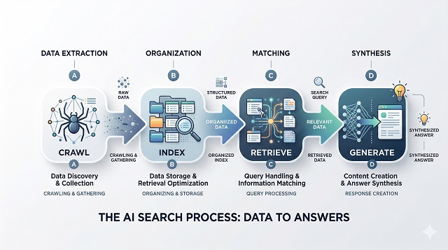 Cách SEO Website Trong Kỷ Nguyên AI Search 2026 4 Quy trình Pipeline: Crawl → Index → Retrieve → Generate