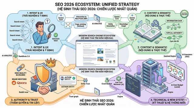 Dịch vụ SEO 152 Sơ đồ tổng thể hệ sinh thái SEO gồm AI + Content + UX + Authority + Technical kết nối với nhau thành một hệ thống.