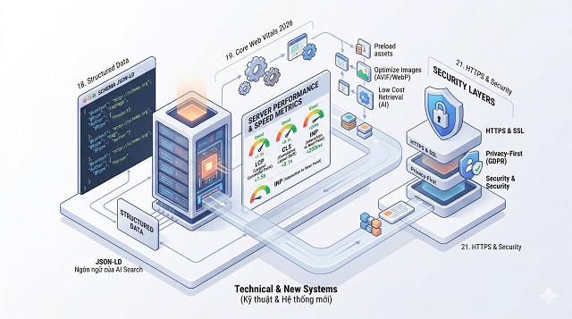 21 yếu tố xếp hạng SEO quan trọng của Google 2026 7 Minh họa website backend với schema JSON-LD, tốc độ load, server, security layer, thể hiện technical SEO stack.