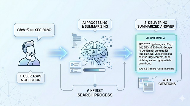 SEO 2026 Khác Gì SEO Truyền Thống? Toàn Cảnh Sự Thay Đổi & Cách Tối Ưu Để Không Bị “Đào Thải” 3 User hỏi → AI trả lời ngay → content được trích dẫn.