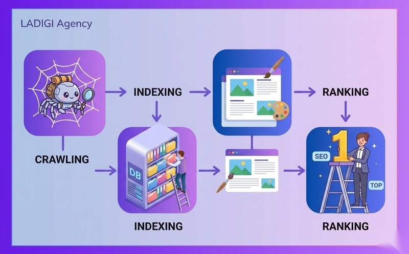Crawling là gì trong SEO? Cách thức hoạt động của Web Crawler và Tối ưu hóa 10 Phân biệt Crawling với Indexing và Rendering Các giai đoạn chính trong công cụ tìm kiếm