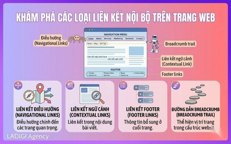 Internal Link Là Gì? Hướng dẫn tối ưu Internal Link chi tiết từng bước 5 Khám phá các loại liên kết nội bộ phổ biến như điều hướng, ngữ cảnh, footer và breadcrumb, mỗi loại có chức năng riêng