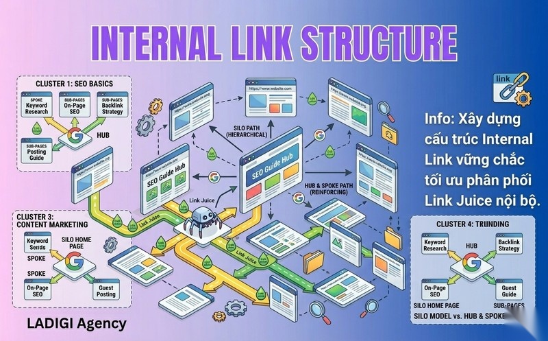 Link Juice là gì? Cách hoạt động và tối ưu hiệu quả trong SEO 7 H3 Xây dựng cấu trúc Internal Link Silo Hub Spoke