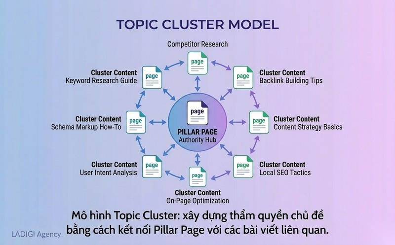 LSI Keywords là gì? Vai trò và Cách sử dụng từ khóa ngữ nghĩa trong SEO hiệu quả 7 Xây dựng Topical Authority Uy tín chủ đề Pillar Page Topic Cluster