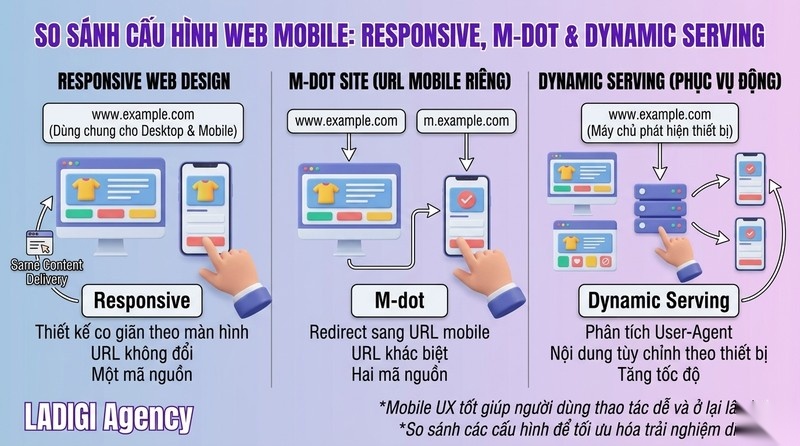 Mobile-First Indexing là gì? 6 bước tối ưu website cho Mobile-First Indexing 9 Quản lý các phiên bản website di động M dot sites Dynamic Serving