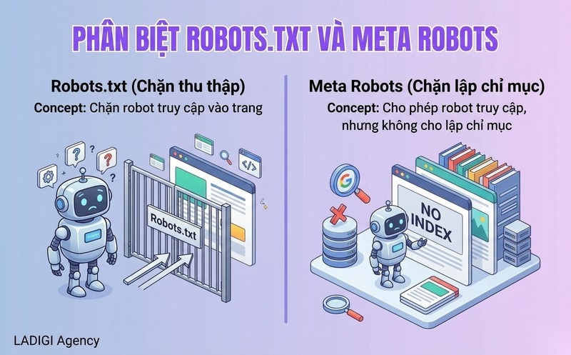 Robots.txt là gì? Cú pháp, cách cấu hình và tối ưu cho SEO 4 Phân biệt Robots txt và Meta robots Ngăn chặn index