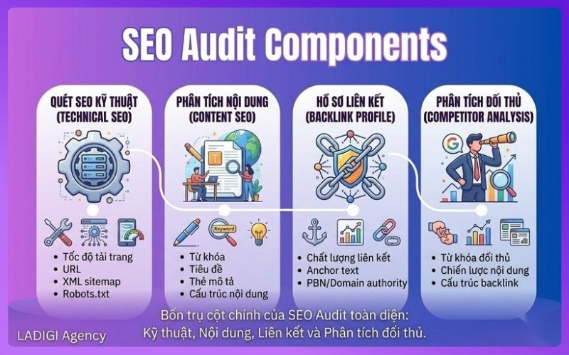 SEO Audit là gì? Quy trình 6 bước thực hiện SEO Audit hiệu quả 7 Bốn trụ cột chính của SEO Audit toàn diện: Kỹ thuật, Nội dung, Liên kết và Phân tích đối thủ
