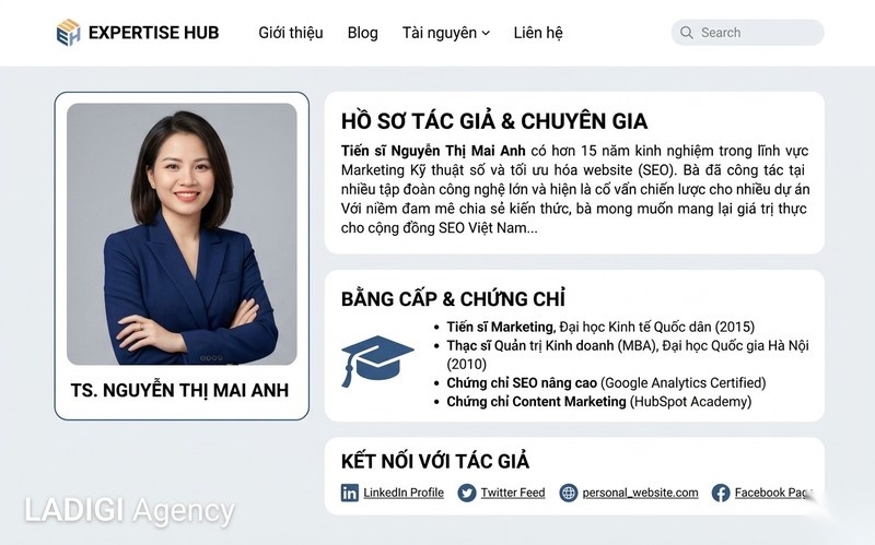 Expertise trong E-E-A-T là gì? 4 yếu tố cốt lõi trong đánh giá website 7 Trang tác giả chi tiết với bằng cấp và kinh nghiệm giúp tăng điểm Expertise trong E-E-A-T hiệu quả cho website.