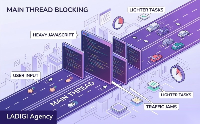 First Input Delay (FID) là gì? Cách tối ưu chỉ số quan trọng trong Core Web Vitals 6 JavaScript nặng và thực thi dài Main Thread blocking