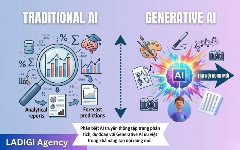 Generative AI là gì? 7 Ứng dụng nổi bật và Tương lai phát triển 1 Phân biệt AI truyền thống tập trung phân tích, dự đoán với Generative AI ưu việt trong khả năng tạo nội dung mới.