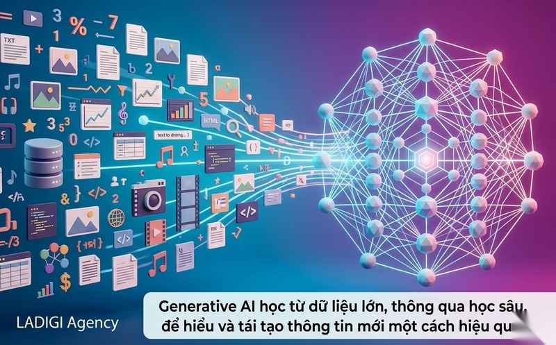 Generative AI là gì? 7 Ứng dụng nổi bật và Tương lai phát triển 2 Generative AI học từ dữ liệu lớn, thông qua học sâu, để hiểu và tái tạo thông tin mới một cách hiệu quả.