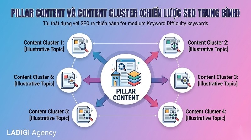 Keyword Difficulty là gì? 6 yếu tố tác động đến chỉ số Keyword Difficulty 8 Chiến lược cho từ khóa trung bình Pillar Content Cluster