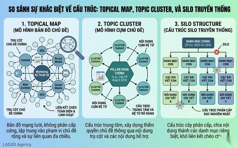 Topical Map là gì? 5 Bước xây dựng Topical Map chuẩn Semantic SEO 3 Sự khác biệt giữa Topical Map Topic Cluster và Silo